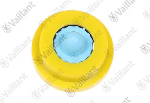 Gelber Wassermengenbegrenzer mit blauer Dichtung, vermutlich von Vaillant, zur Regulierung des Wasserflusses in Sanitäranlagen.